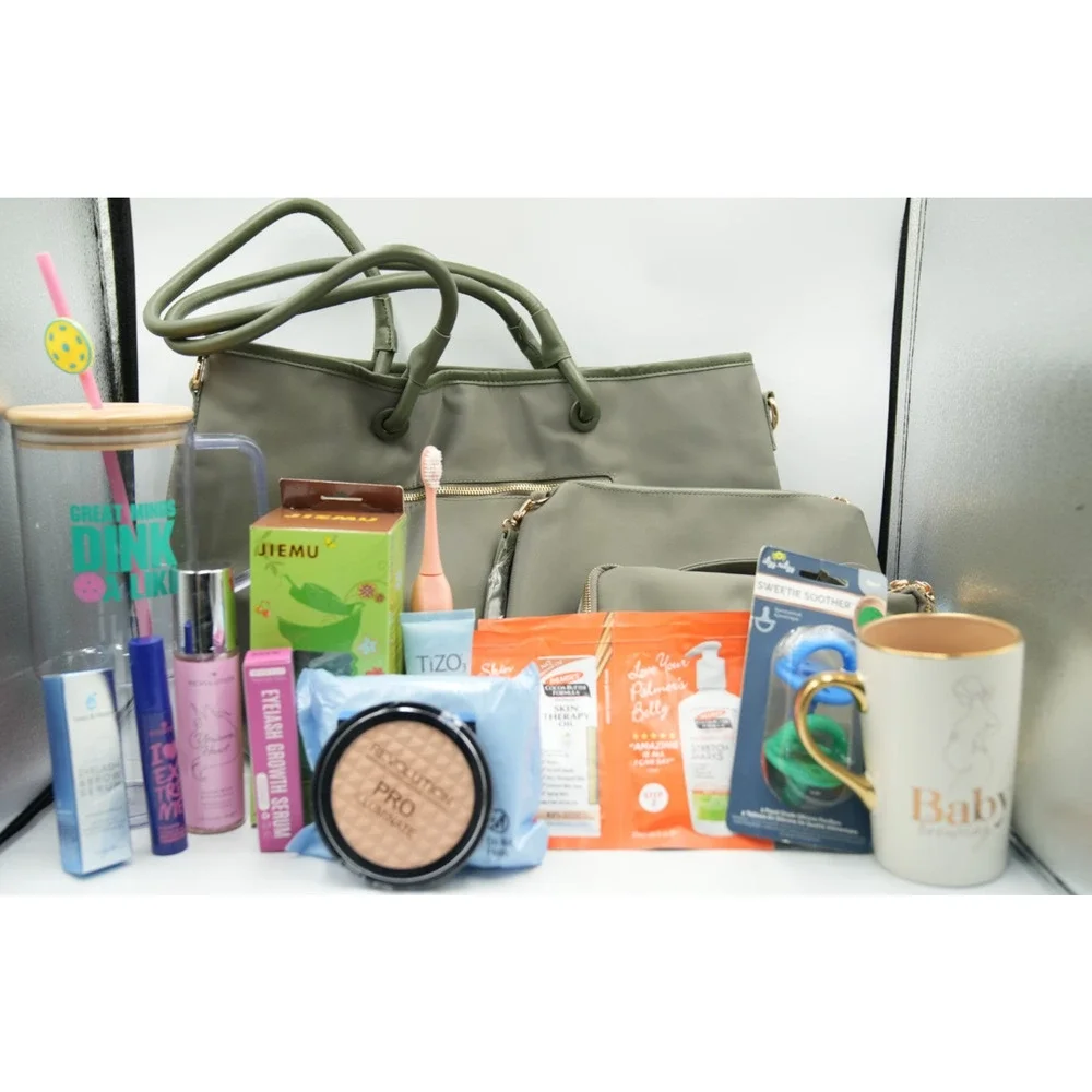 New Mom Gift Set | Diaper Bag‎ Set, Skincare, Tumbler, Pacifiers, Makeup